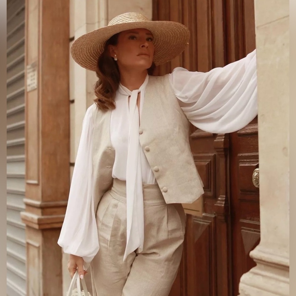 Audrey Leighton Paris Linen Pants | Size Small | High Waist Wrap Belt Oatmeal